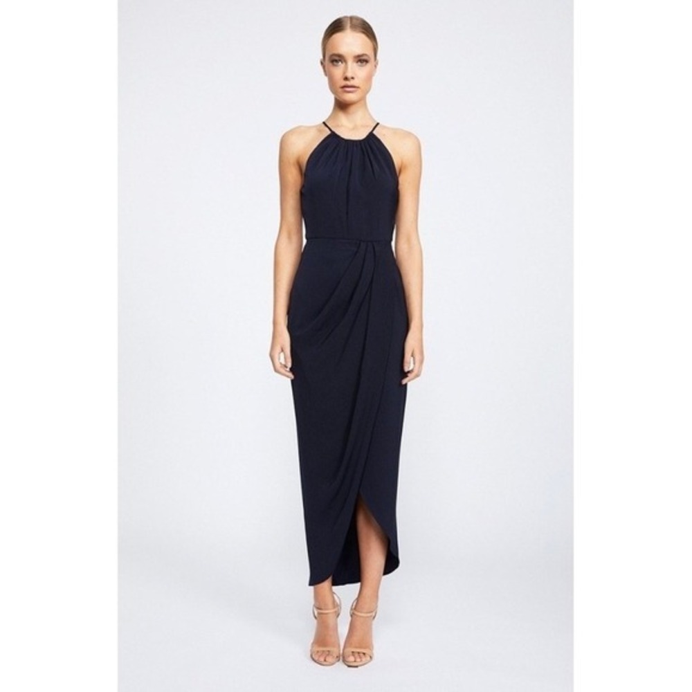 SHONA JOY Core High Neck Ruched Dress Navy Blue Midi Maxi Faux Wrap Size 4